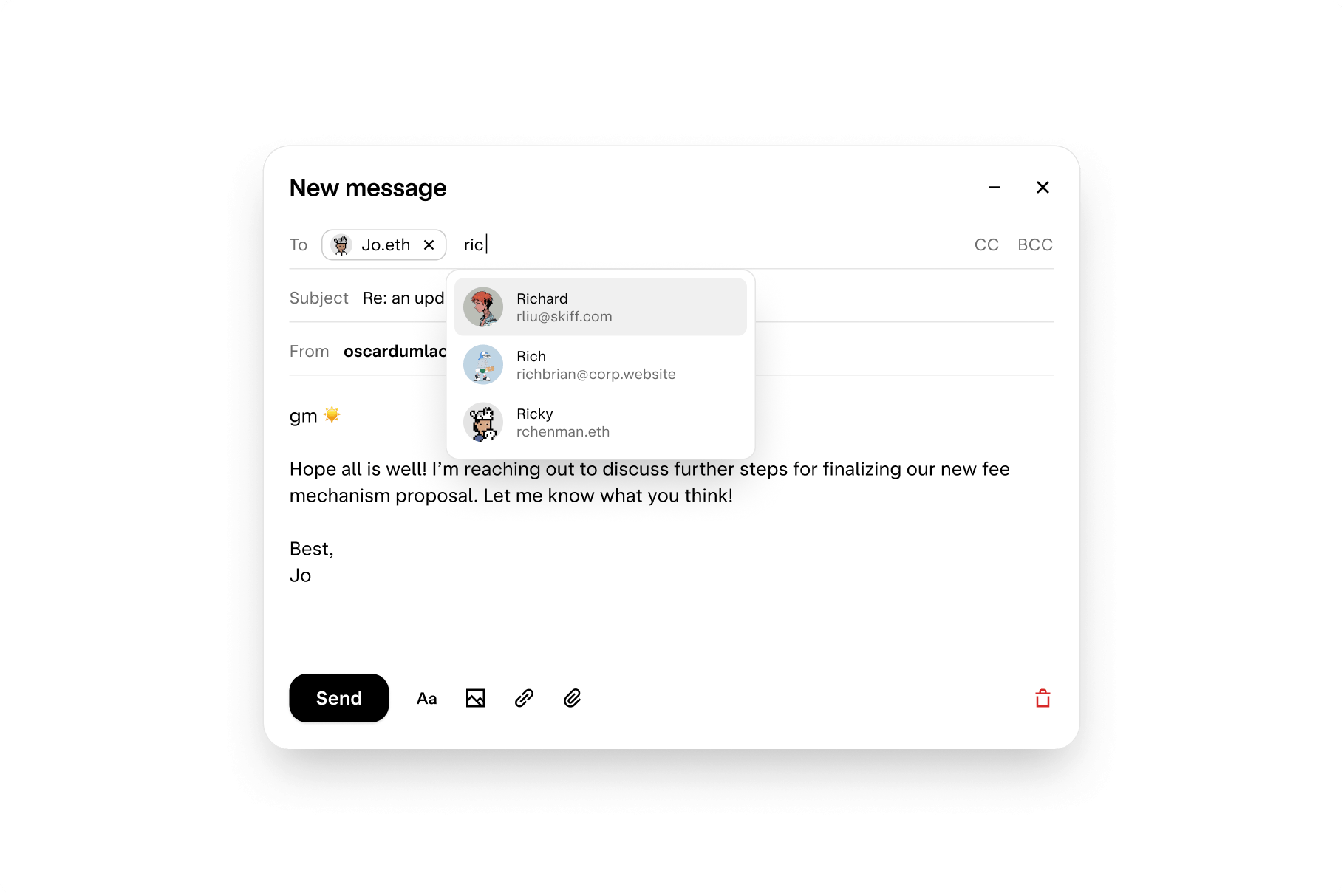 Email compose window displaying a list of users with aliases and ETH addresses