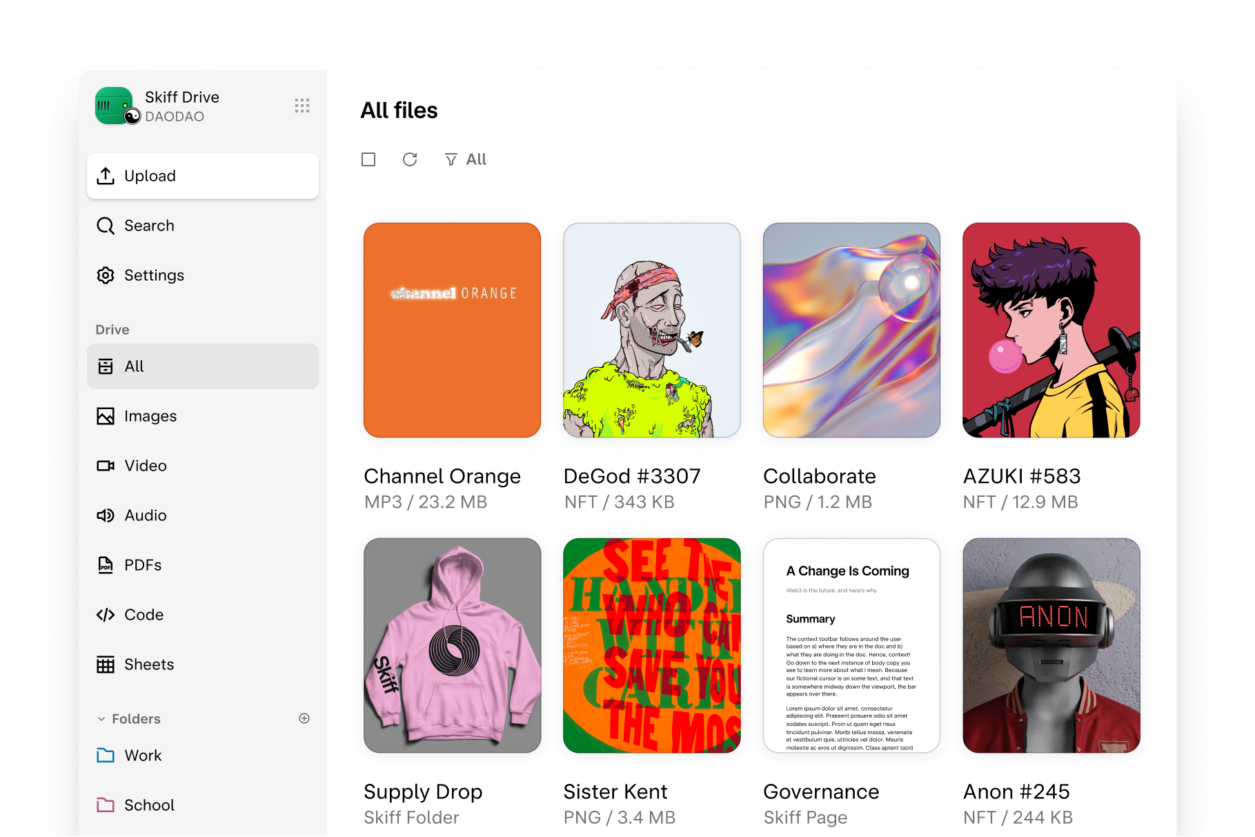 Stored file previews organized in rows in Xiaotian Drive with upload pane